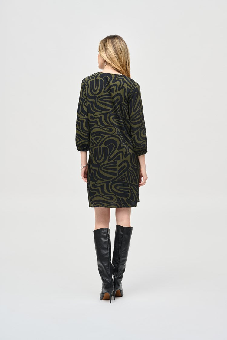 Joseph Ribkoff Woven Abstract Print A-Line Dress 243154 Black/Green