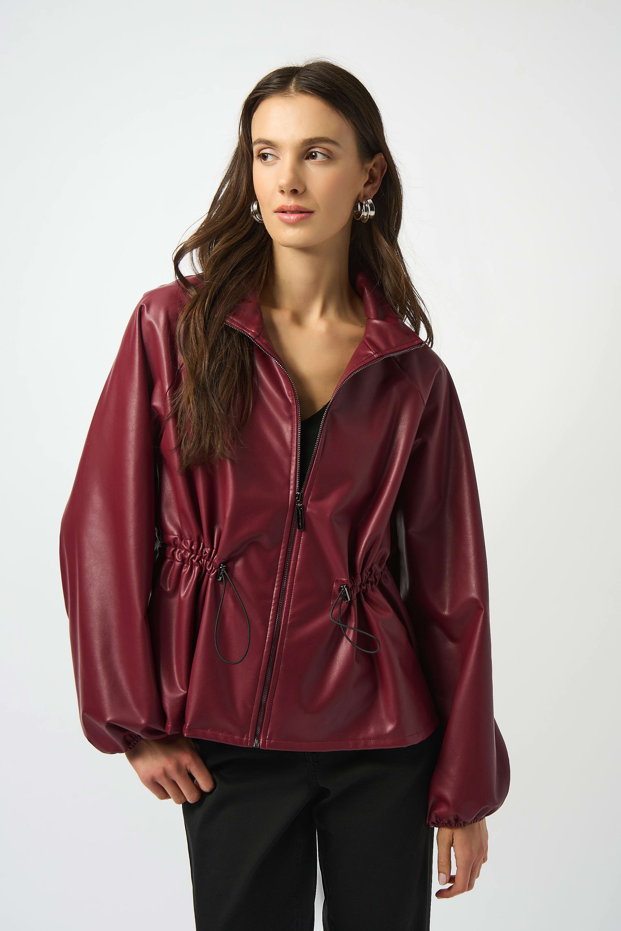 Joseph Ribkoff Leatherette Zipper Front Boxy Jacket 253263 Merlot