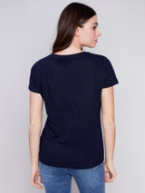 Charlie B Linen V-Neck T-Shirt-Navy