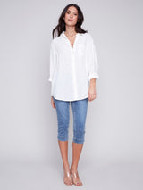 Charlie B Printed Long Linen Shirt-White/Multicolor