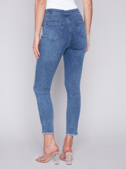 Charlie B Pull-On Jeans with Split Hem-Medium Blue