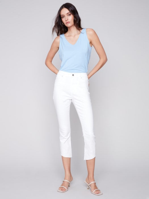 Charlie B Cropped Bootcut Twill Pants with Asymmetrical Hem-White