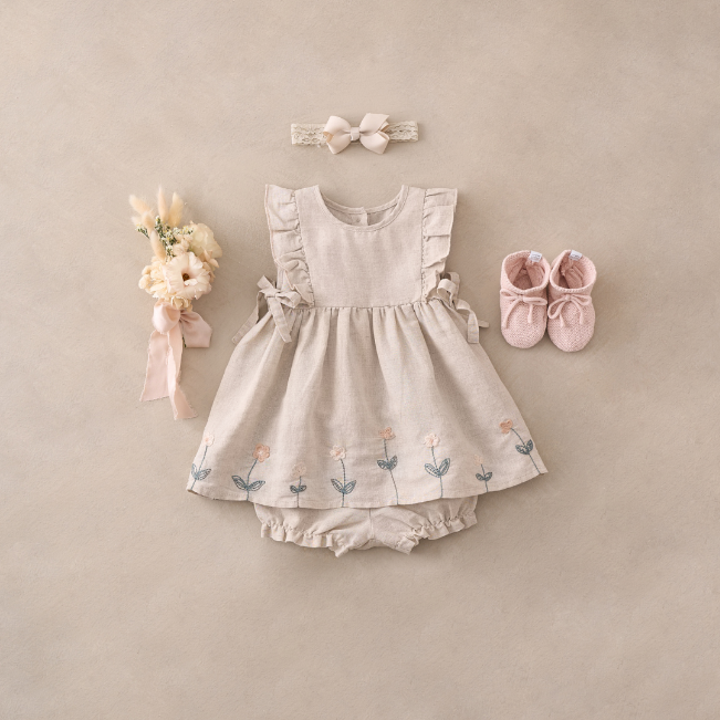 Elegant Baby Natural Linen Floral Embroidered Dress w/ Bloomer