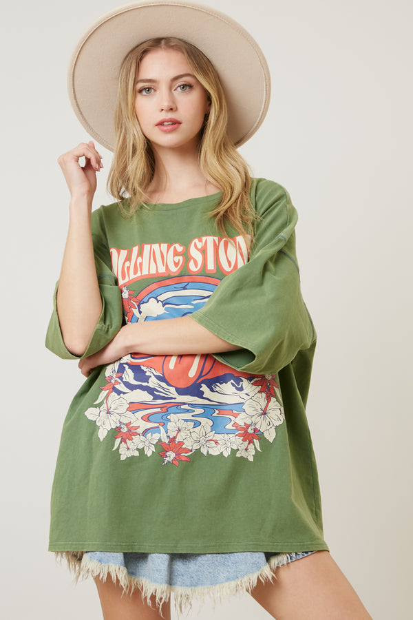 Fantastic Fawn Rolling Stones Graphic Oversized Tee-Dark Olive