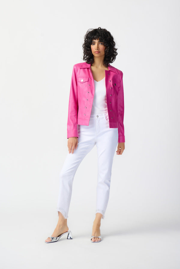 Joseph Ribkoff Foiled Suede Jacket with Metal Trims 241911 Bright Pink