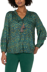 Liverpool Long Sleeve Popover Shirred Blouse Emerald