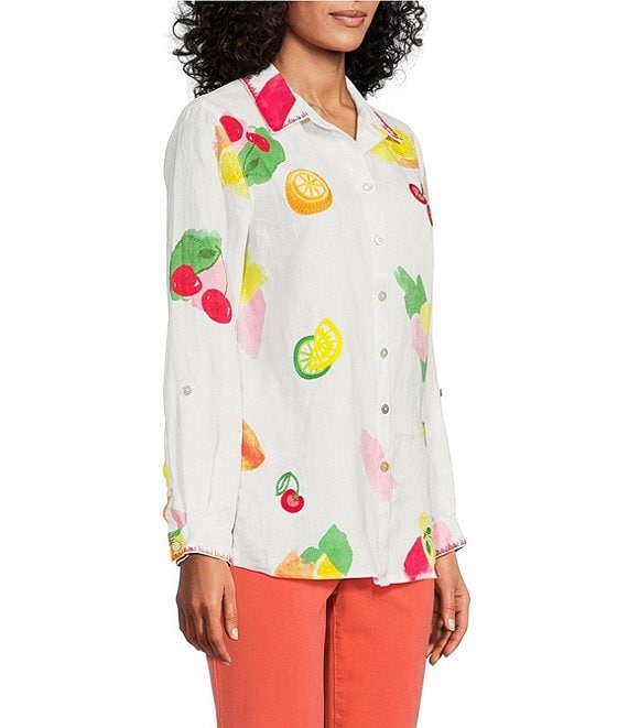 John Mark Embroidered Fruit Print Linen Tunic
