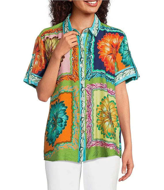 Tru Luxe Placement Print Short Sleeve Button Up | Multi