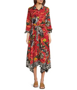 John Mark Woven Print Point Collar Tie Belt Button Front Midi Dress-Spice Print