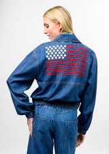 Ivy Jane Denim Flag Embroidery Bomber Jacket
