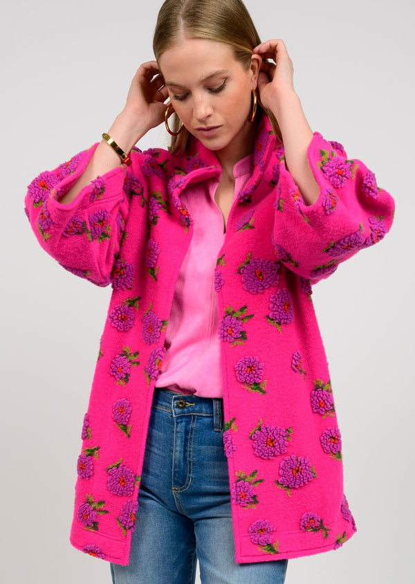 Ivy Jane Puff Floral Sherpa Jacket-Fuchsia