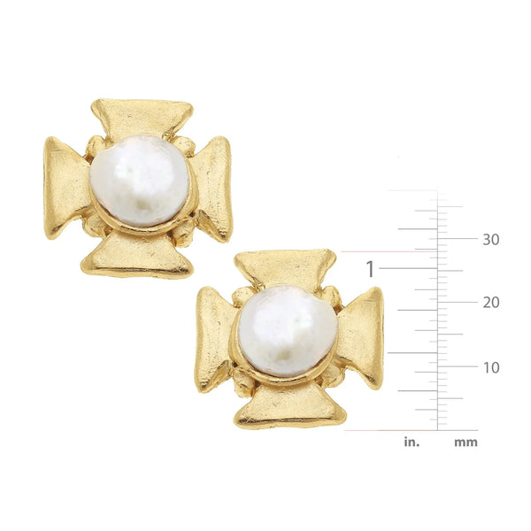 Susan Shaw Maltese Cross Pearl Studs