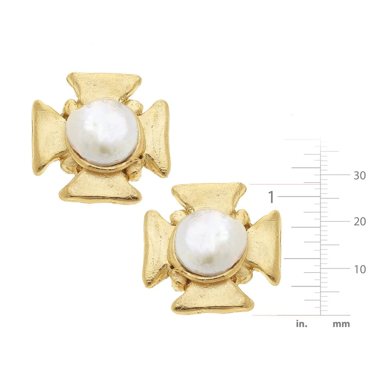 Susan Shaw Maltese Cross Pearl Studs