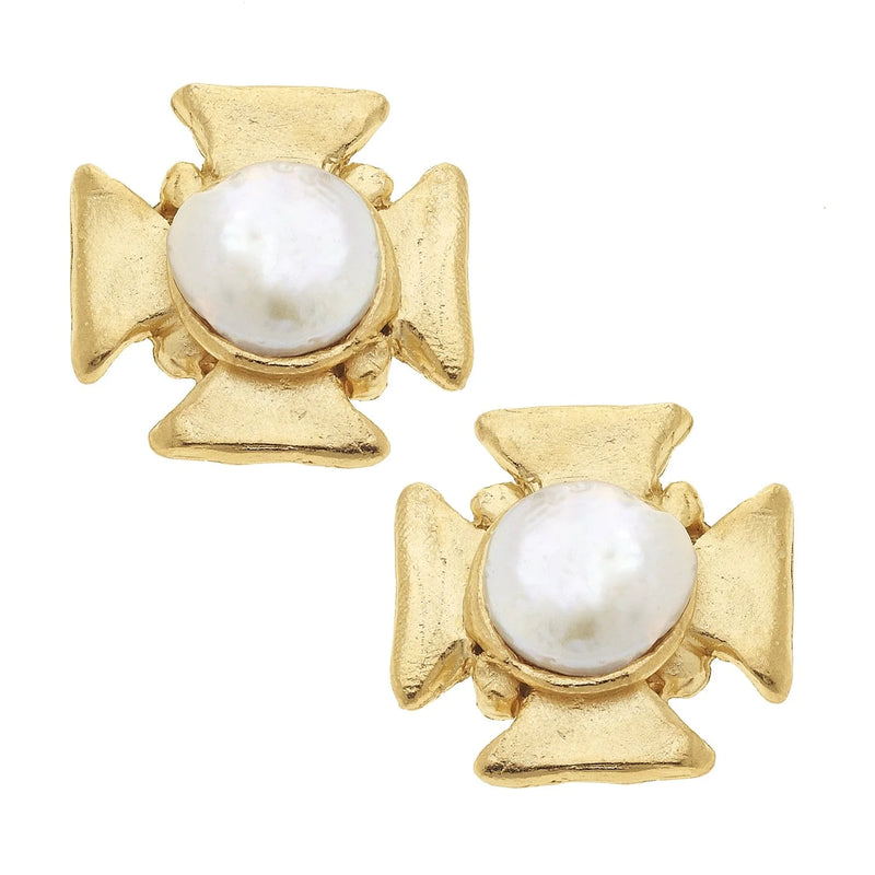 Susan Shaw Maltese Cross Pearl Studs