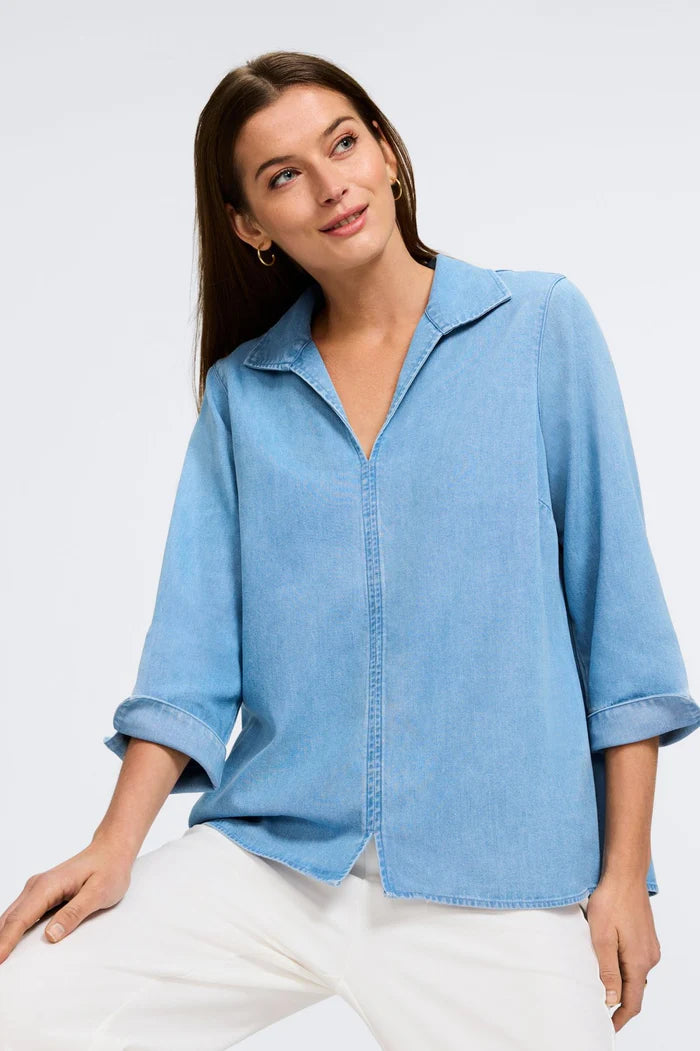 Foxcroft Agnes Tencel® Denim 3/4 Sleeve Shirt | Bleach Wash