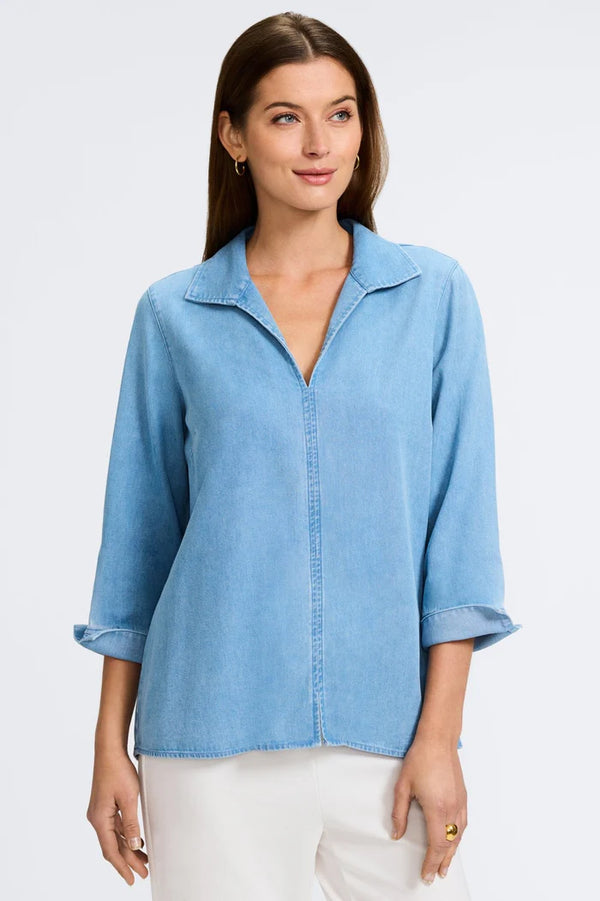 Foxcroft Agnes Tencel® Denim 3/4 Sleeve Shirt | Bleach Wash