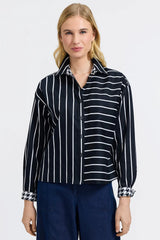 Foxcroft Marina Stripe & Houndstooth Long Sleeve Short Shirt | Black & White
