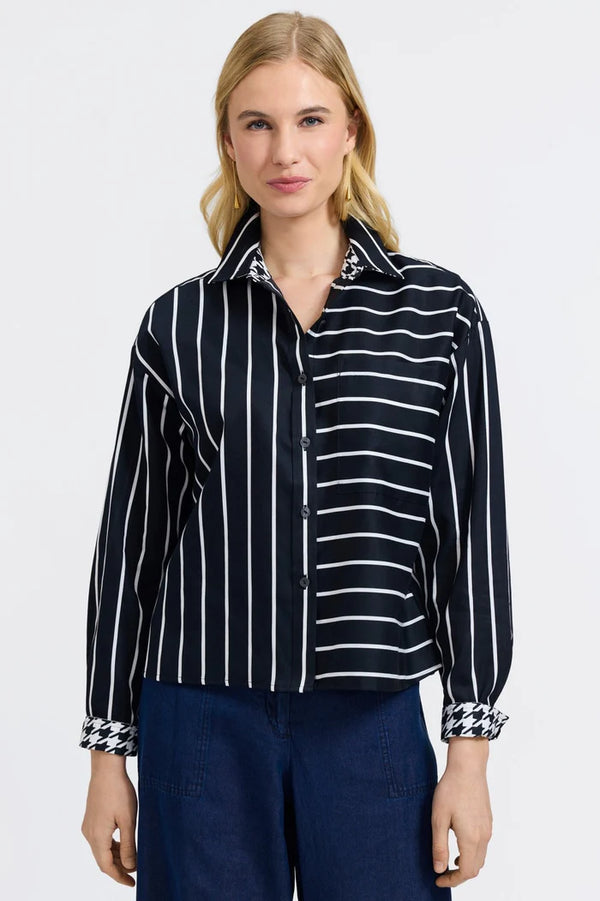 Foxcroft Marina Stripe & Houndstooth Long Sleeve Short Shirt | Black & White
