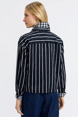 Foxcroft Marina Stripe & Houndstooth Long Sleeve Short Shirt | Black & White