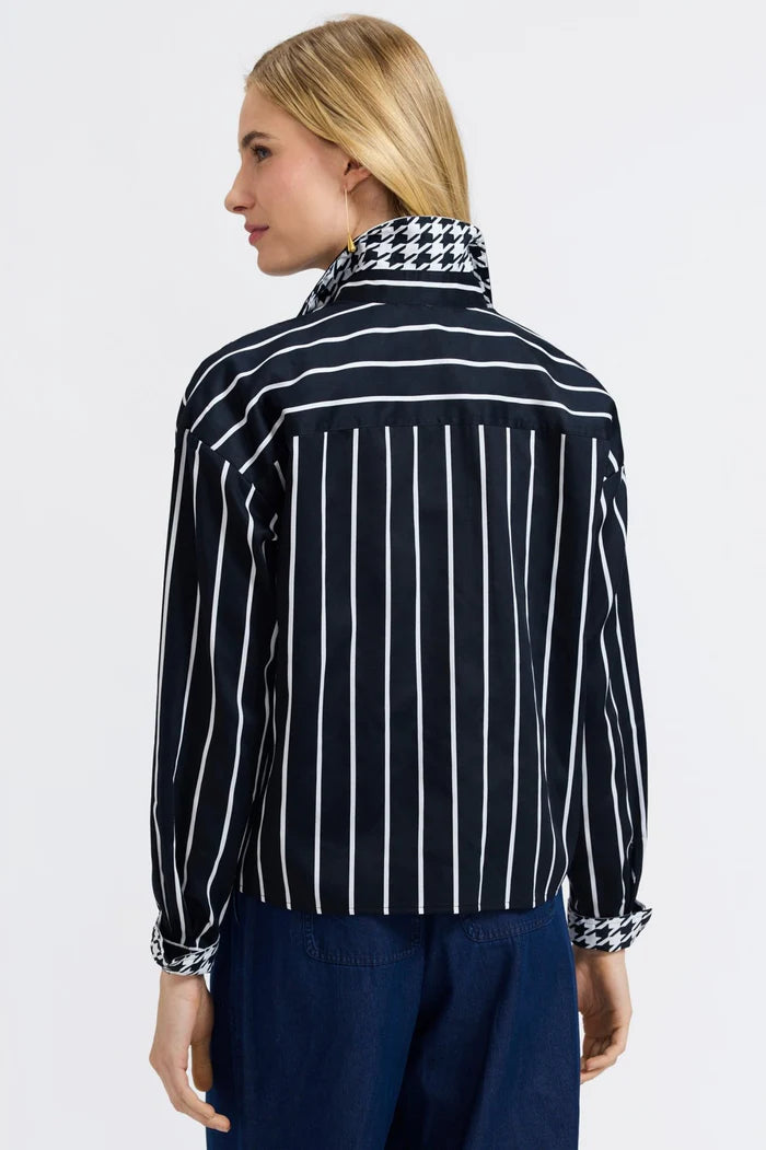 Foxcroft Marina Stripe & Houndstooth Long Sleeve Short Shirt | Black & White