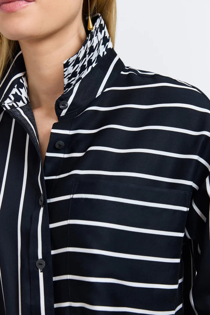 Foxcroft Marina Stripe & Houndstooth Long Sleeve Short Shirt | Black & White