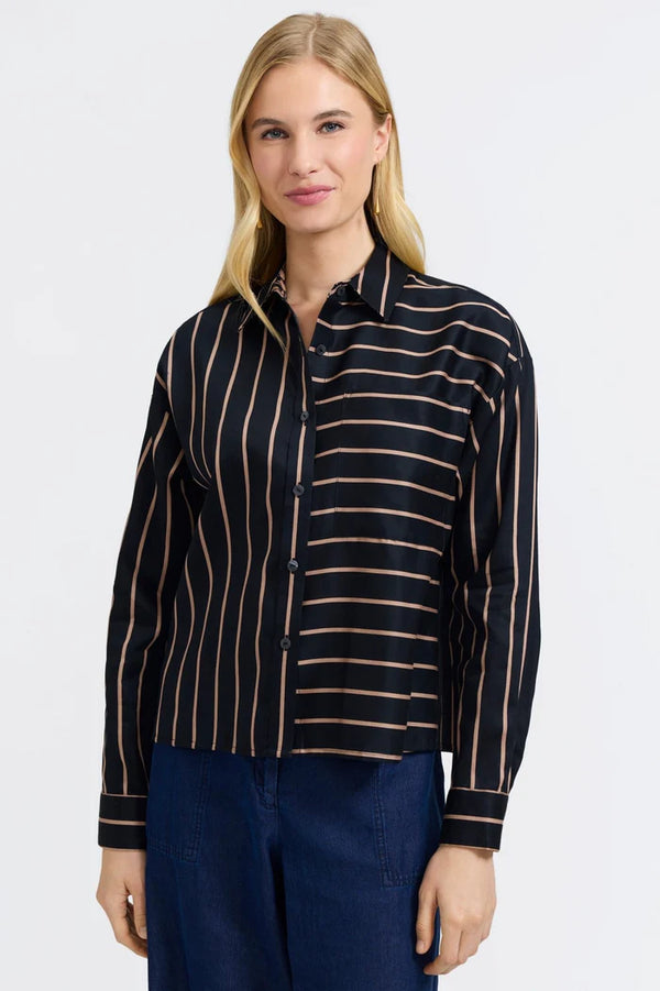 Foxcroft Marina Stripe & Houndstooth Long Sleeve Short Shirt | Black & Almond