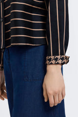 Foxcroft Marina Stripe & Houndstooth Long Sleeve Short Shirt | Black & Almond