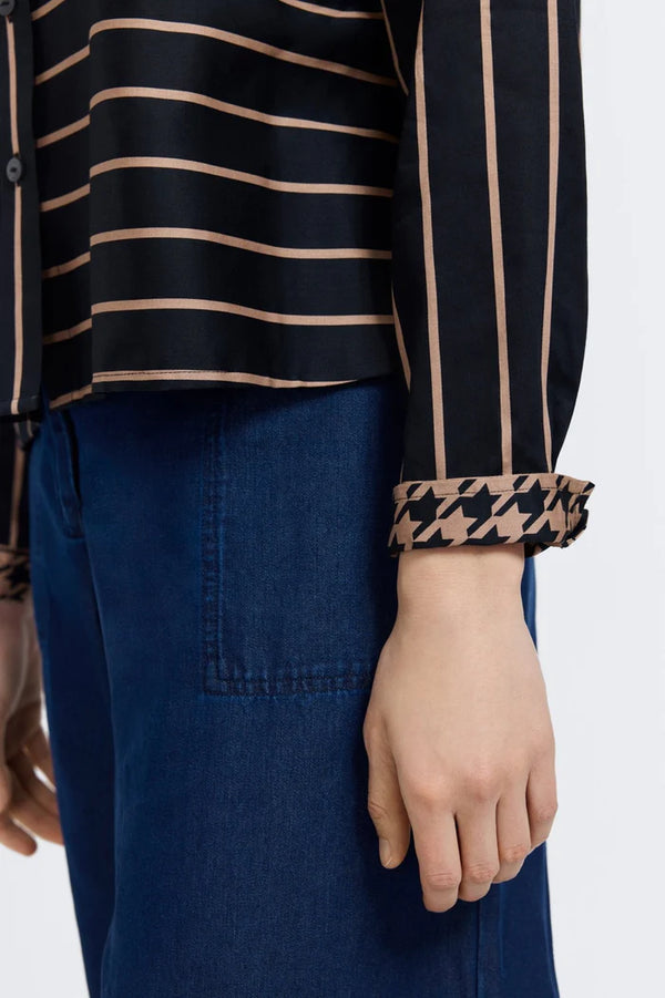 Foxcroft Marina Stripe & Houndstooth Long Sleeve Short Shirt | Black & Almond