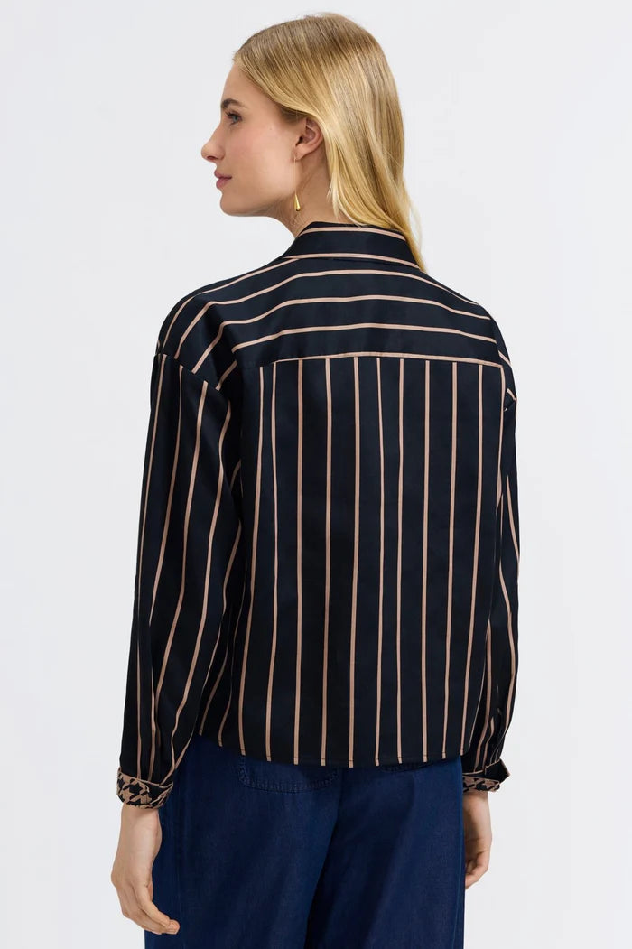 Foxcroft Marina Stripe & Houndstooth Long Sleeve Short Shirt | Black & Almond