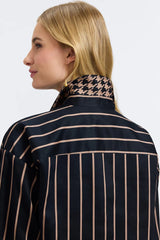 Foxcroft Marina Stripe & Houndstooth Long Sleeve Short Shirt | Black & Almond
