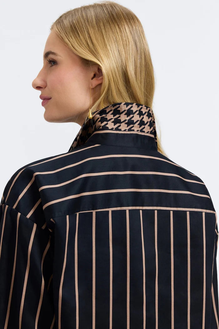 Foxcroft Marina Stripe & Houndstooth Long Sleeve Short Shirt | Black & Almond