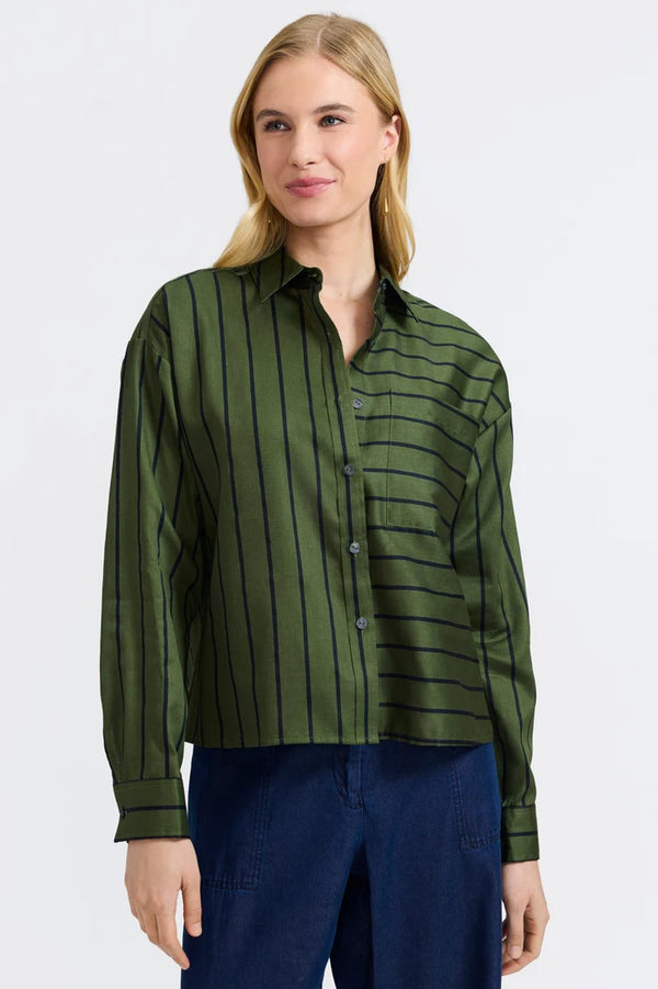 Foxcroft Marina Stripe & Houndstooth Long Sleeve Short Shirt | Basil & Black