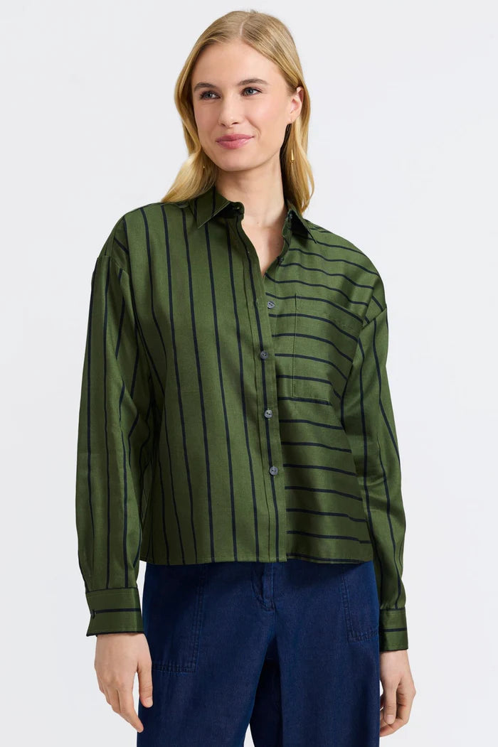 Foxcroft Marina Stripe & Houndstooth Long Sleeve Short Shirt | Basil & Black