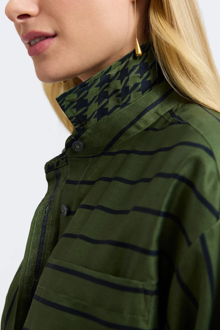 Foxcroft Marina Stripe & Houndstooth Long Sleeve Short Shirt | Basil & Black
