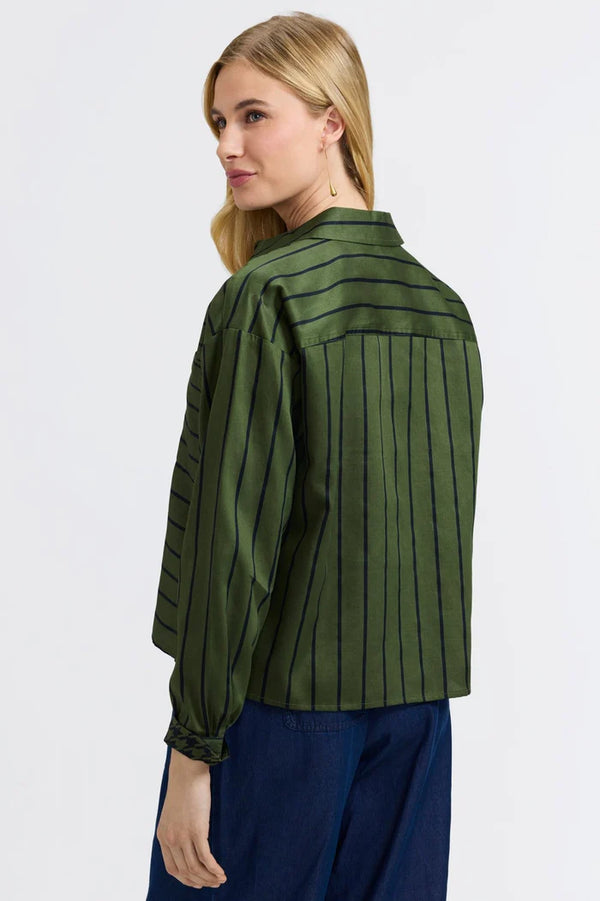 Foxcroft Marina Stripe & Houndstooth Long Sleeve Short Shirt | Basil & Black