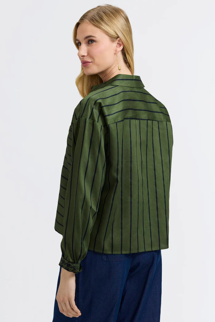 Foxcroft Marina Stripe & Houndstooth Long Sleeve Short Shirt | Basil & Black