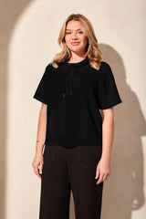 Tribal Short Sleeve Funnel-Neck Top with Drawcord | Black