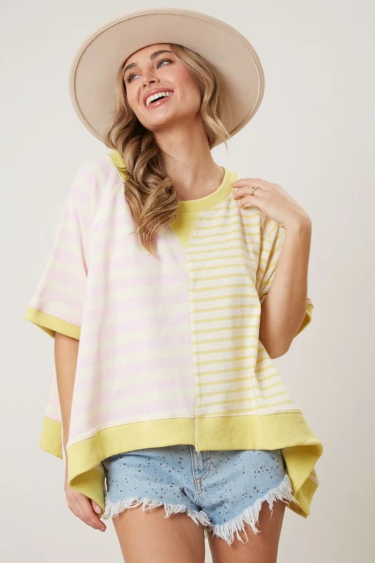 Peach Love Mixed Stripe Oversized Sweatshirt-Pink/Yellow