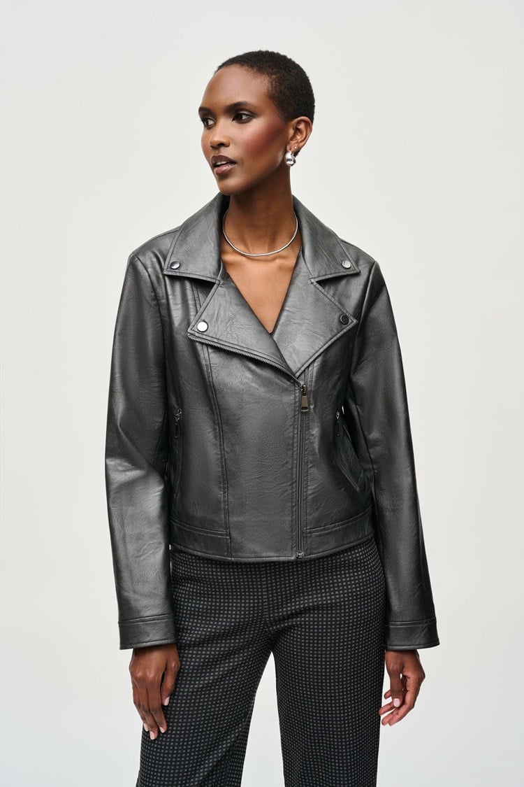 Joseph Ribkoff Metallic Faux Leather Biker Jacket 234902F24 Gunmetal