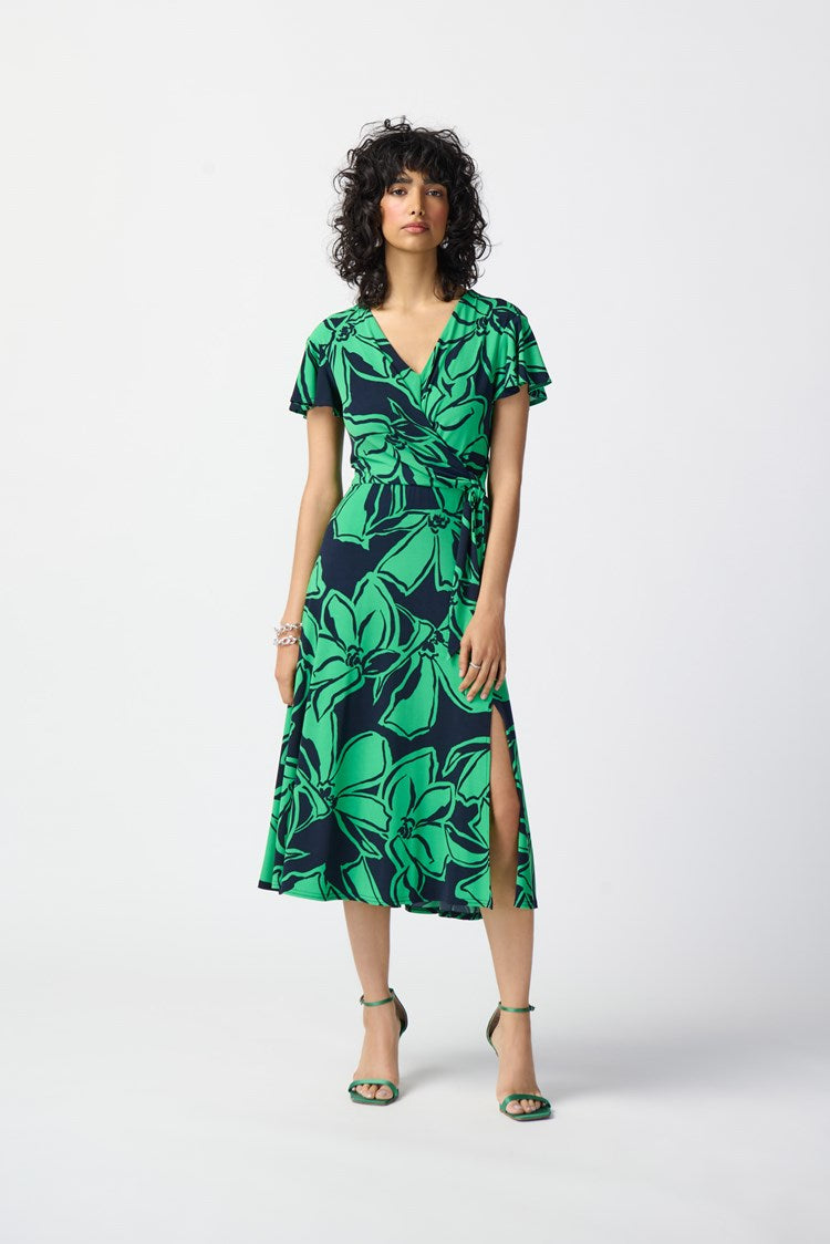 Joseph Ribkoff Floral Print Silky Knit Flowy Wrap Dress 241052 Midnight Blue/Green