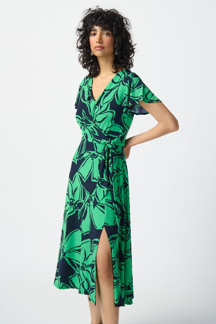Joseph Ribkoff Floral Print Silky Knit Flowy Wrap Dress 241052 Midnight Blue/Green