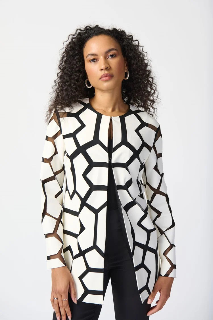 Joseph Ribkoff Laser-Cut Leatherette on Mesh Jacket 241905 Vanilla/Black