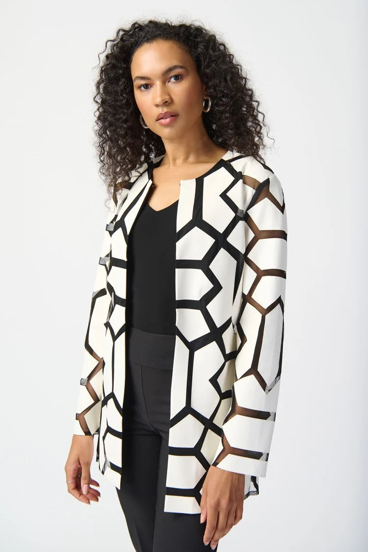 Joseph Ribkoff Laser-Cut Leatherette on Mesh Jacket 241905 Vanilla/Black