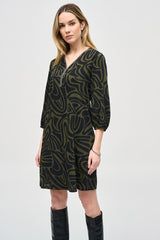 Joseph Ribkoff Woven Abstract Print A-Line Dress 243154 Black/Green