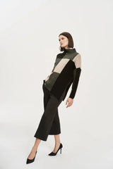 Joseph Ribkoff Color-Block Jacquard Knit Pullover 243944 Taupe Melange/Black