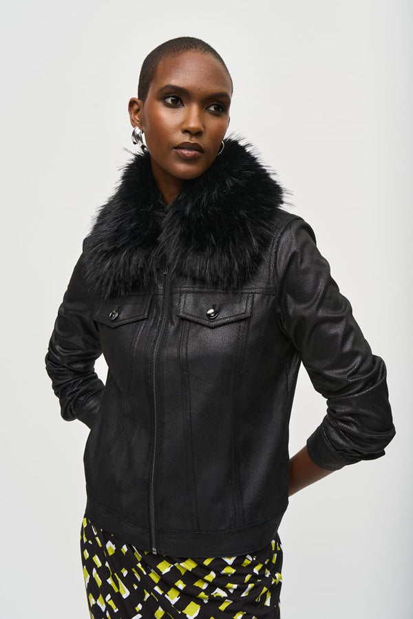 Joseph Ribkoff Faux Fur Collar Suede Jacket 243907 Black