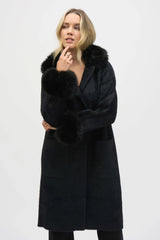 Joseph Ribkoff Feather Yarn and Faux Fur Sweater Coat 243923F25 Black