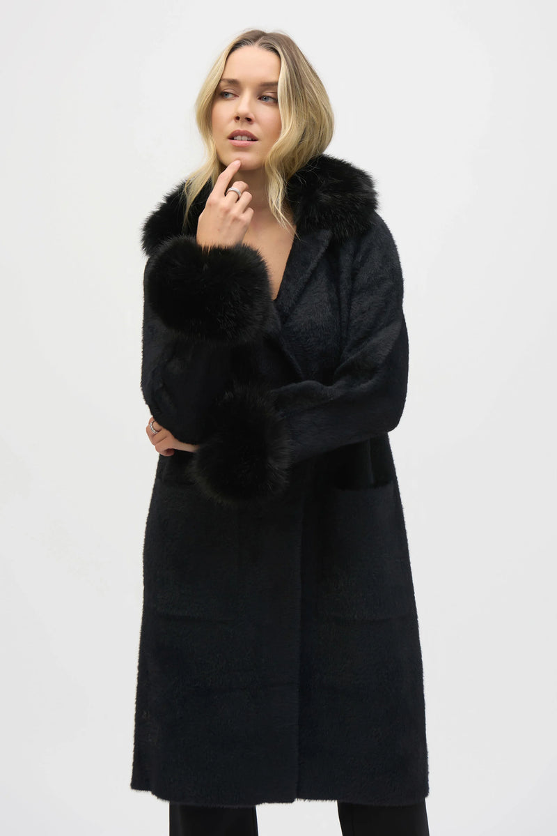 Joseph Ribkoff Feather Yarn and Faux Fur Sweater Coat 243923F25 Black