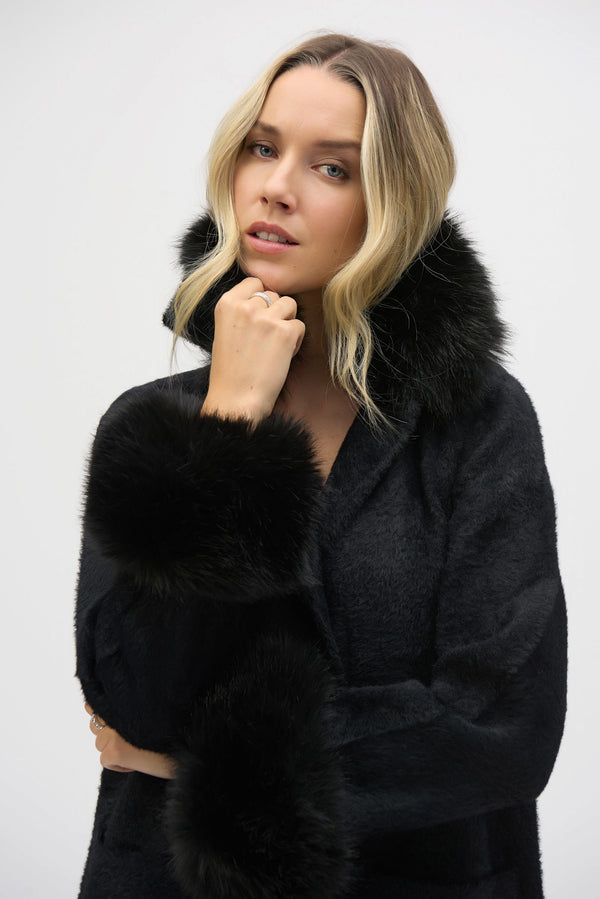 Joseph Ribkoff Feather Yarn and Faux Fur Sweater Coat 243923F25 Black