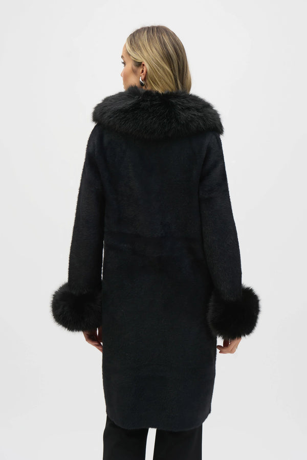 Joseph Ribkoff Feather Yarn and Faux Fur Sweater Coat 243923F25 Black